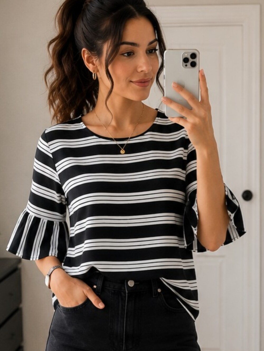 Suzy Shier Black & White Striped Blouse | Bell Sleeve | Size M
